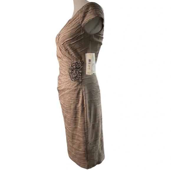 Eliza J (NWT) Textured Beaded Gold Tan Midi Sheath Dress Size 4 - Picture 4 of 14